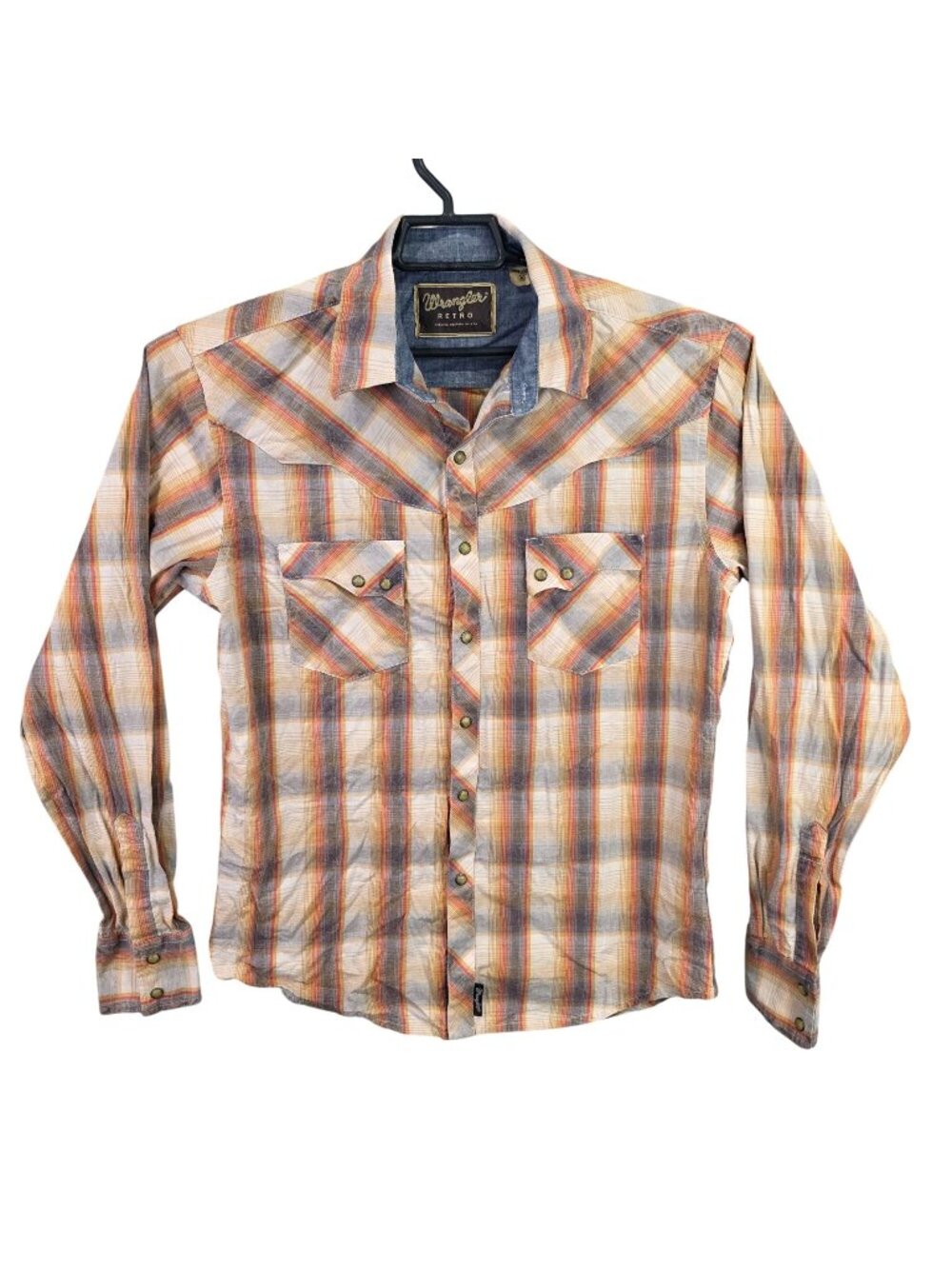 Mens Wrangler Beige & Orange Retro Plaid Western Shirt Snap Button Long Sleeve M